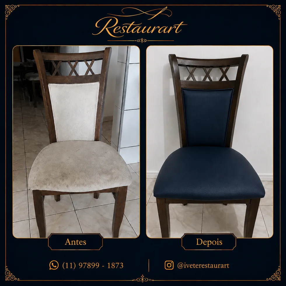 Antes e depois de cadeira de jantar reformada com tecido azul